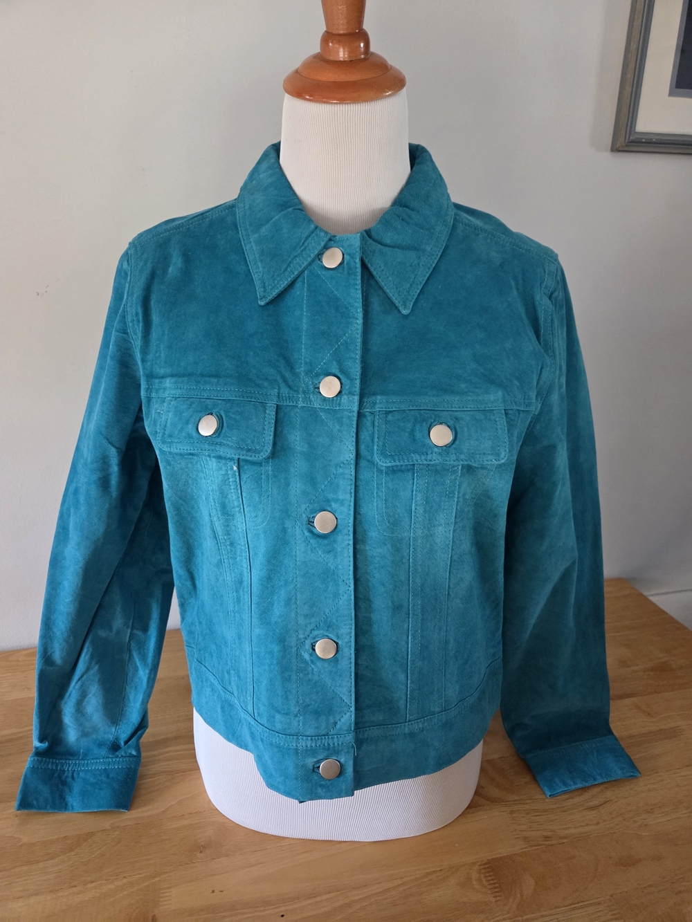 Women's Teal Suede Button-Front Lined Jacket